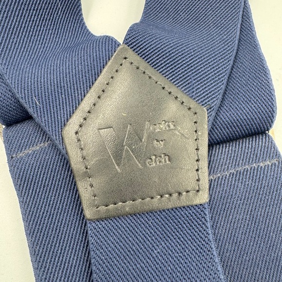 Prison Blues Suspenders OS Navy Blue Yellow Logo Y-Back Leather Button Ends Work - Picture 4 of 4